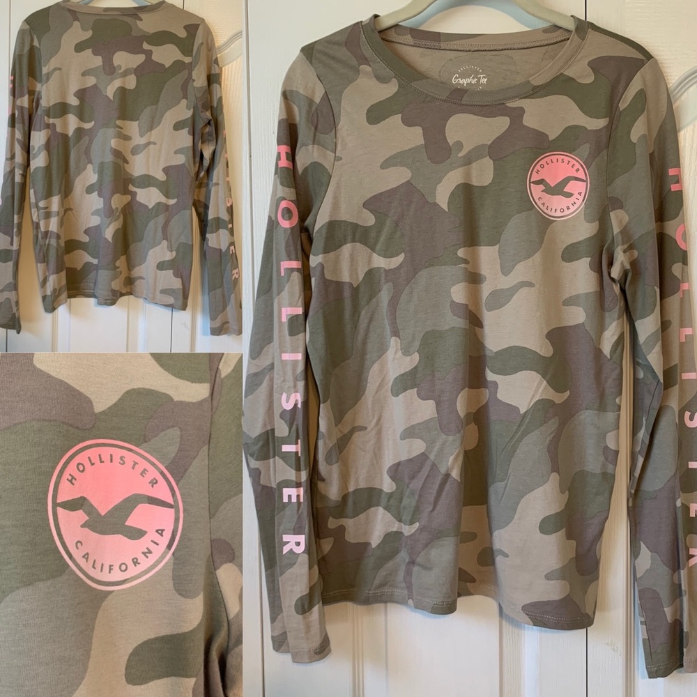 Hollister Green Camo & pink long Sleeve - Small